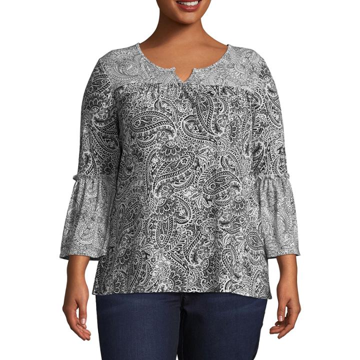 3/4 Bell Sleeve Print Mix Blouse-plus