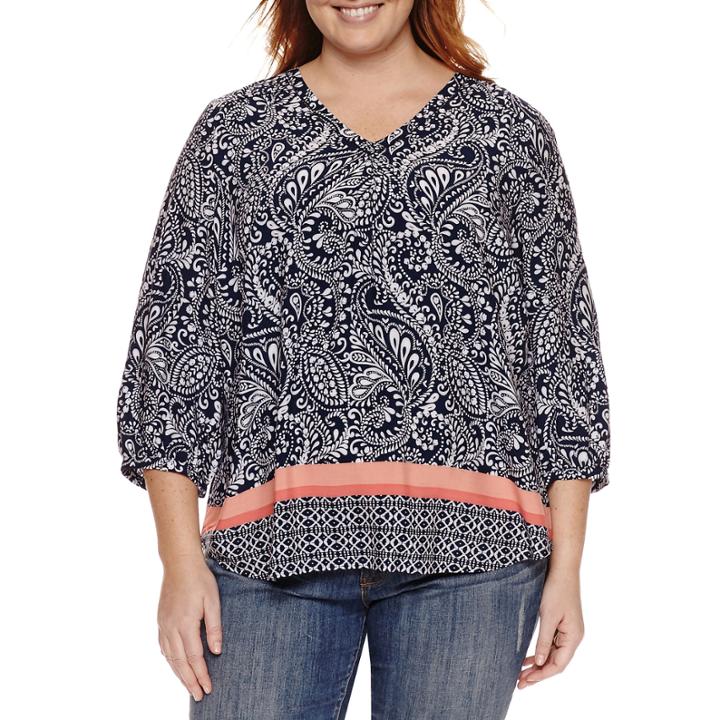 St. John's Bay 3/4 Sleeve Bordered Peasant Top Plus