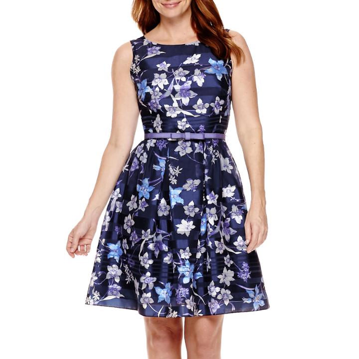 Danny & Nicole Sleeveless Floral Shadow Stripe Fit-and-flare Dress - Petite