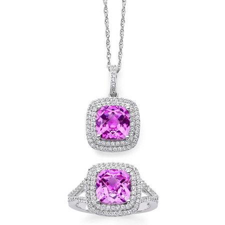 Lab-created Pink & White Sapphire Double Halo Ring & Pendant Necklace Boxed Set