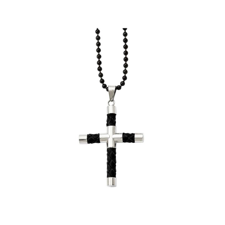Mens Stainless Steel Black Leather & Black Ion-plated Cross Pendant