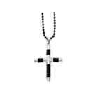 Mens Stainless Steel Black Leather & Black Ion-plated Cross Pendant