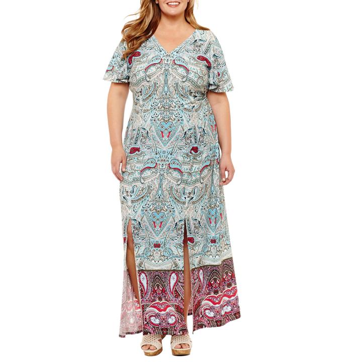 London Times Short Sleeve Paisley Maxi Dress-plus