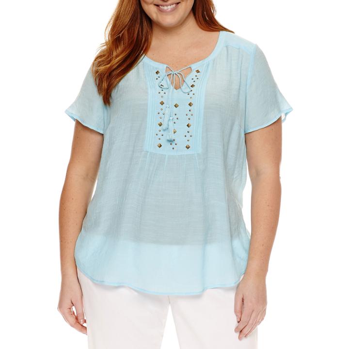 Liz Claiborne Short Sleeve Flutter Sleeve Solid Peasant Top Plus