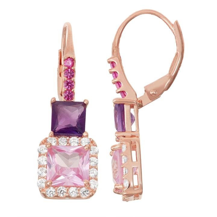 Lab-created Pink Sapphire & Amethyst 14k Rose Gold Over Silver Leverback Earrings