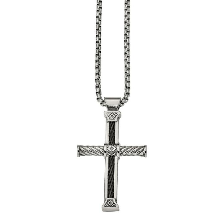 Edward Mirell Mens Stainless Steel & Black Cable Cross Pendant Necklace