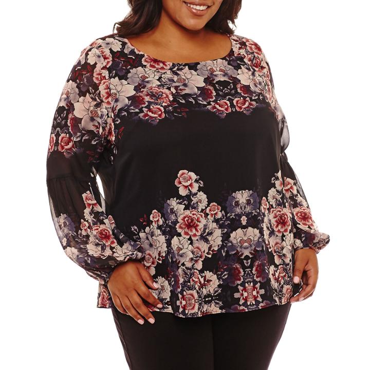 Boutique + Long Balloon Sleeve Floral Woven Blouse Plus