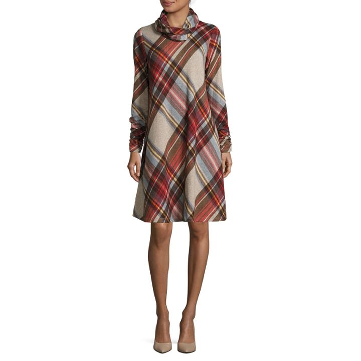 Madison Leigh Long-sleeve Plaid Fit-and-flare Dress