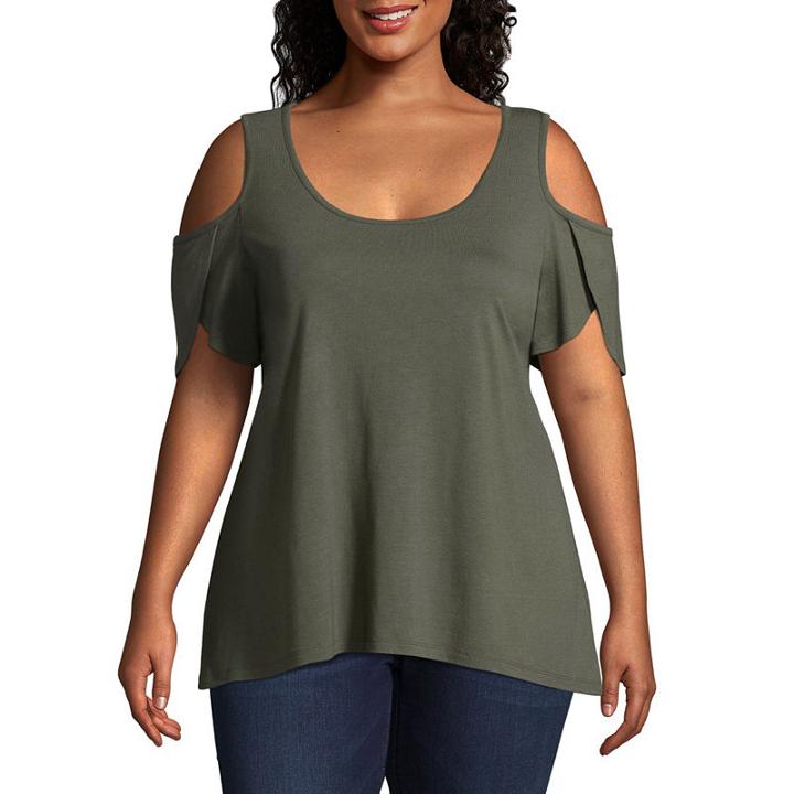 Boutique + Short Sleeve Scoop Neck Woven Blouse-plus