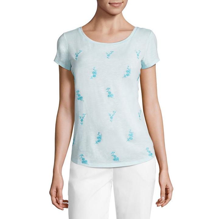 Liz Claiborne Short Sleeve Crew Neck Embroidered T-shirt-womens