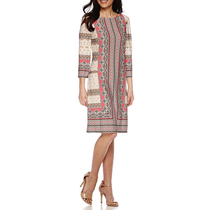 London Style Collection Long-sleeve Print Sheath Dress - Petites