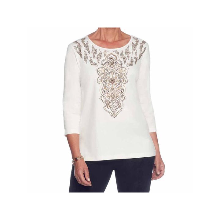 Alfred Dunner Jungle Love 3/4 Sleeve Crew Neck Scroll T-shirt-womens