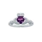 Heart-shaped Genuine Amethyst And Diamond-accent Sterling Silver Claddagh Ring