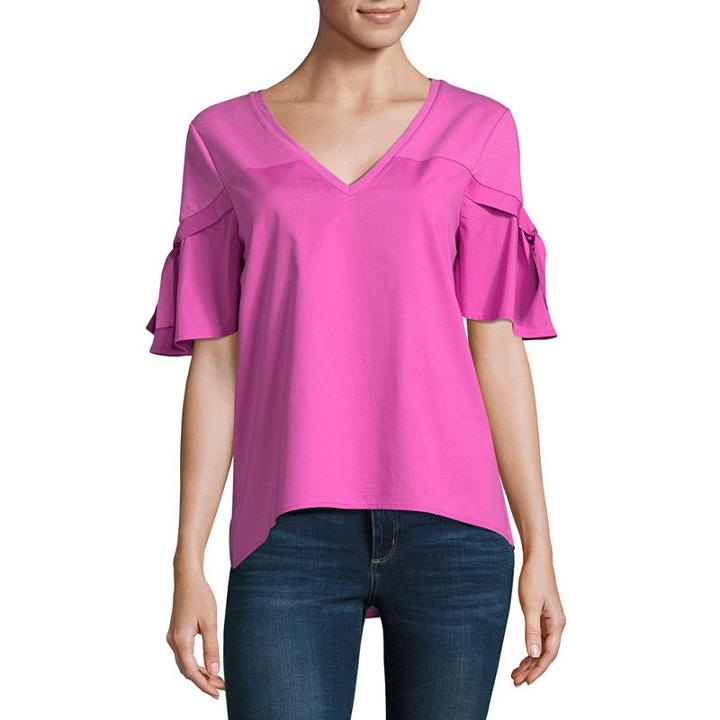 Project Runway Short Sleeve V Neck Mix Media Top