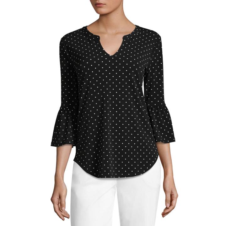 Liz Claiborne 3/4 Sleeve U Neck Dots T-shirt-womens Tall