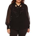 Bisou Bisou Long-sleeve Ruffle Tie-neck Blouse - Plus