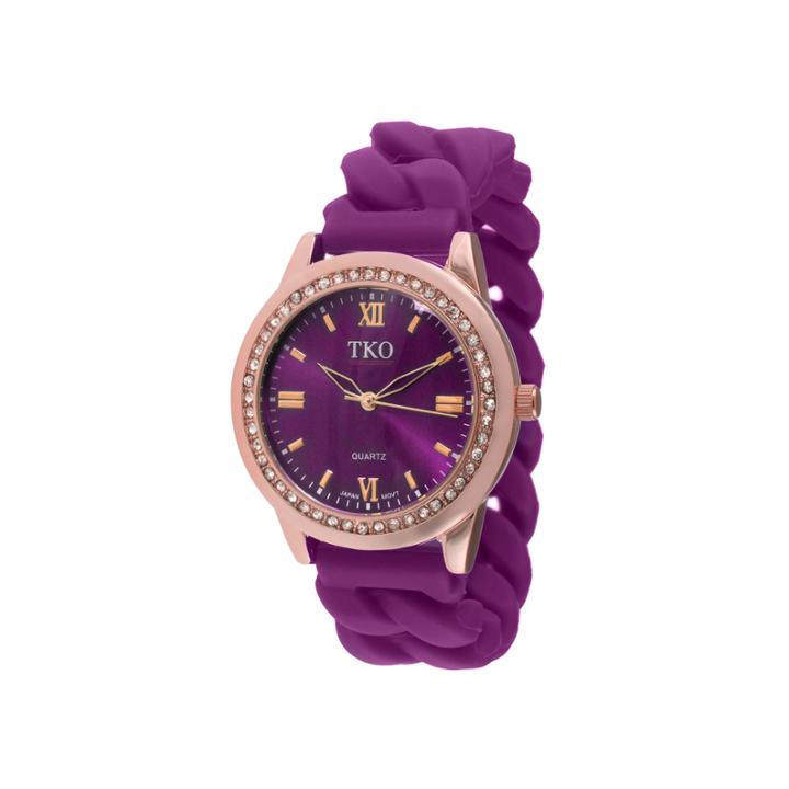 Tko Orlogi Womens Crystal-accent Chain-link Purple Strap Silicone Stretch Watch