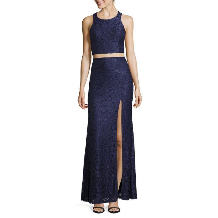 My Michelle Sleeveless Lace Bar Back Long Slim Dress - Juniors