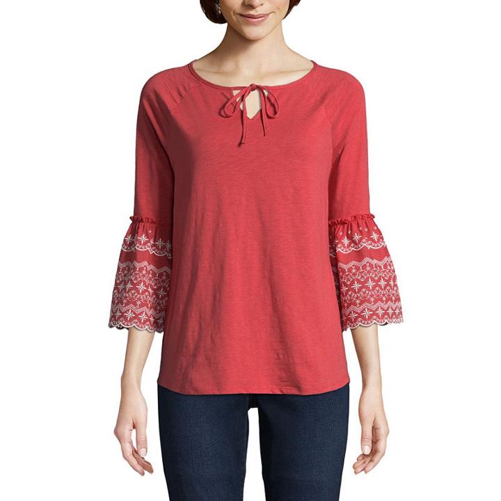 St. John's Bay 3/4 Sleeve Split Crew Neck Slubbed Embroidered Ruffled Blouse