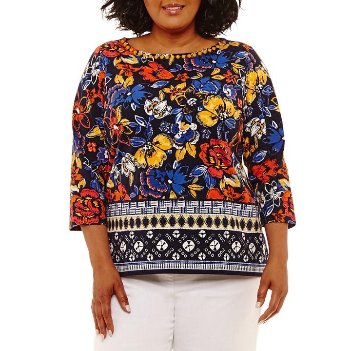 Lark Lane Must Have3/4 Sleeve Border Tunic- Plus
