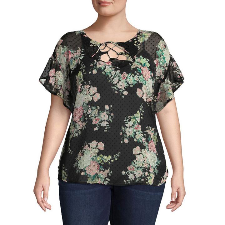 Belle + Sky Short Sleeve Round Neck Woven Blouse-plus