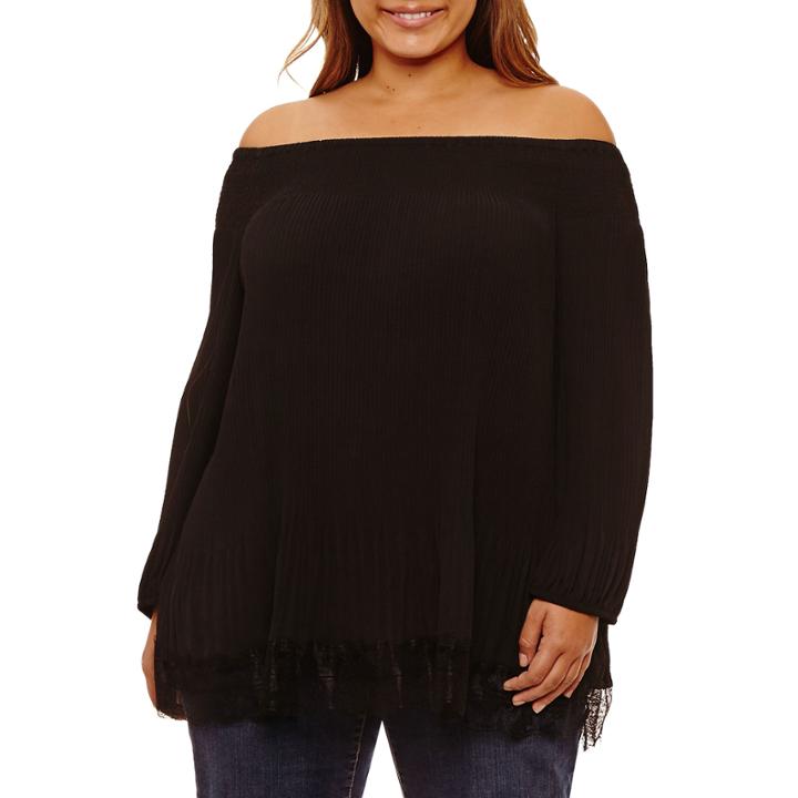 Boutique + Long Sleeve Off The Shoulder Lace Trim Blouse-plus