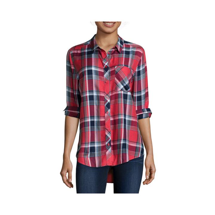 Arizona Long-sleeve Boyfriend Plaid Shirt- Juniors