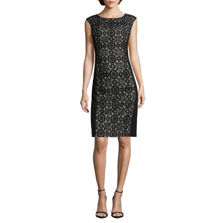 London Style Collection Cap-sleeve Lace-inset Sheath Dress - Petite