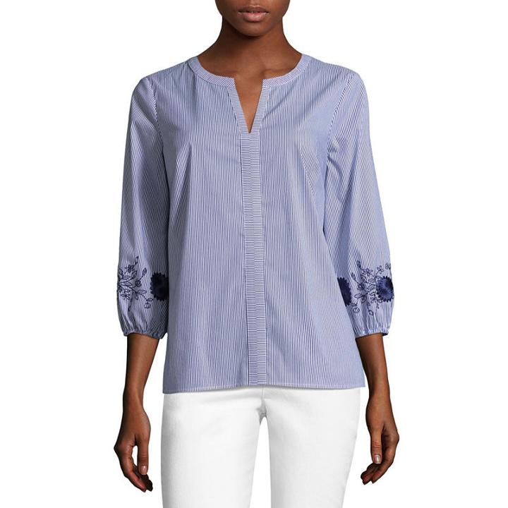 Liz Claiborne 3/4 Sleeve Split Crew Neck Woven Embroidered Blouse-talls