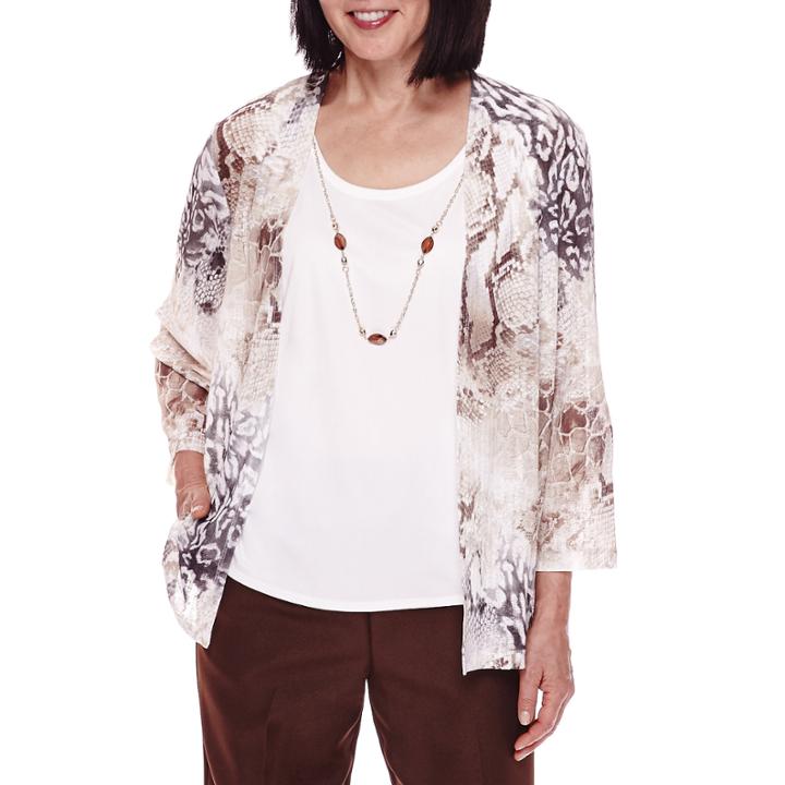 Alfred Dunner 3/4-sleeve Floral-print Layered Top With Necklace