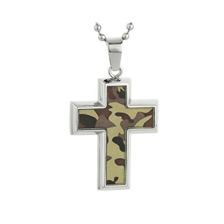 Mens Stainless Steel And Camouflage Cross Pendant Necklace