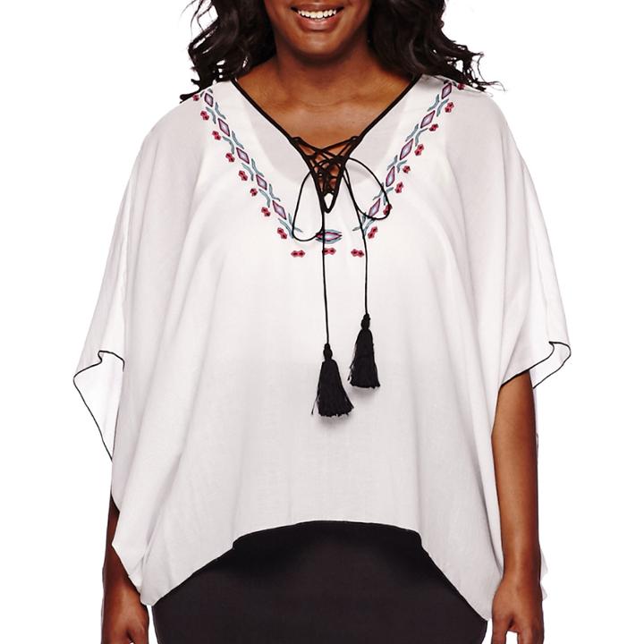 Bisou Bisou Short-sleeve Lace-up Embroidered Top - Plus