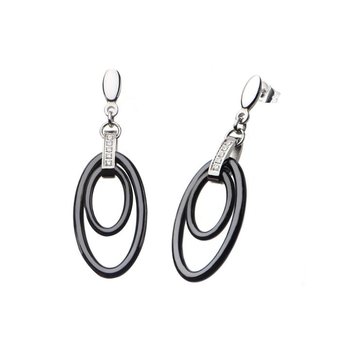 Cubic Zirconia Stainless Steel Ceramic Double Oval Drop Earrings