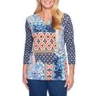 Alfred Dunner Out Of The Blue 3/4 Sleeve Split Crew Neck Patchwork T-shirt-womens
