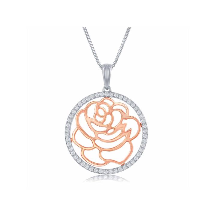 Enchanted By Disney 1/5 C.t.t.w. Diamond Sterling Silver With 14k Rose Gold Accent Belle Rose Disc Pendant Necklace