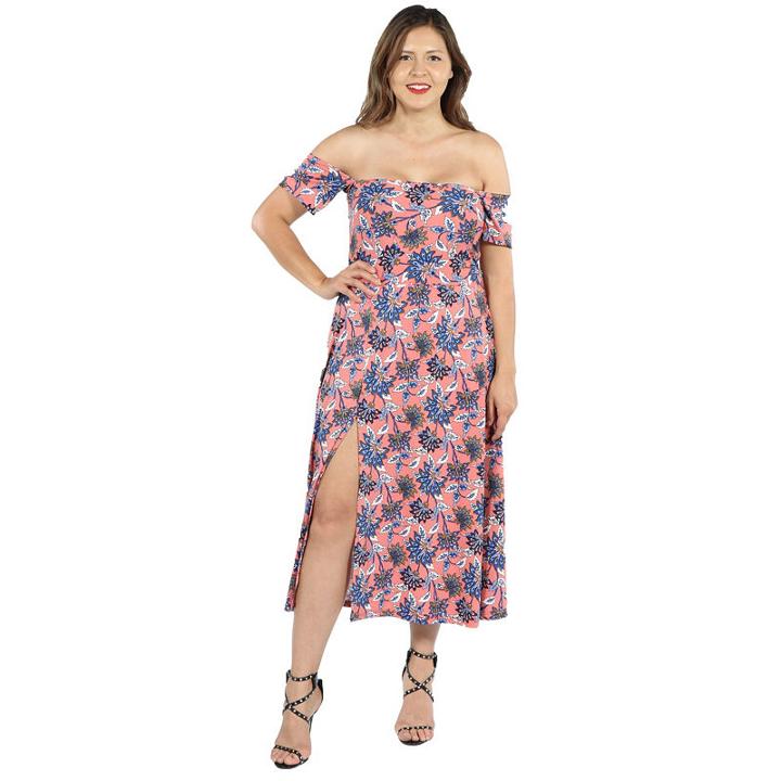 24seven Comfort Apparel Nina Pink And Blue Floral Side Slit Dress - Plus