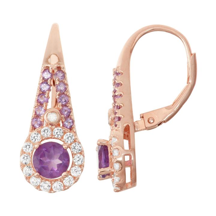Genuine Amethyst, Lab Created White Sapphire & Diamond Accent 14k Rose Gold Over Silver Earrings