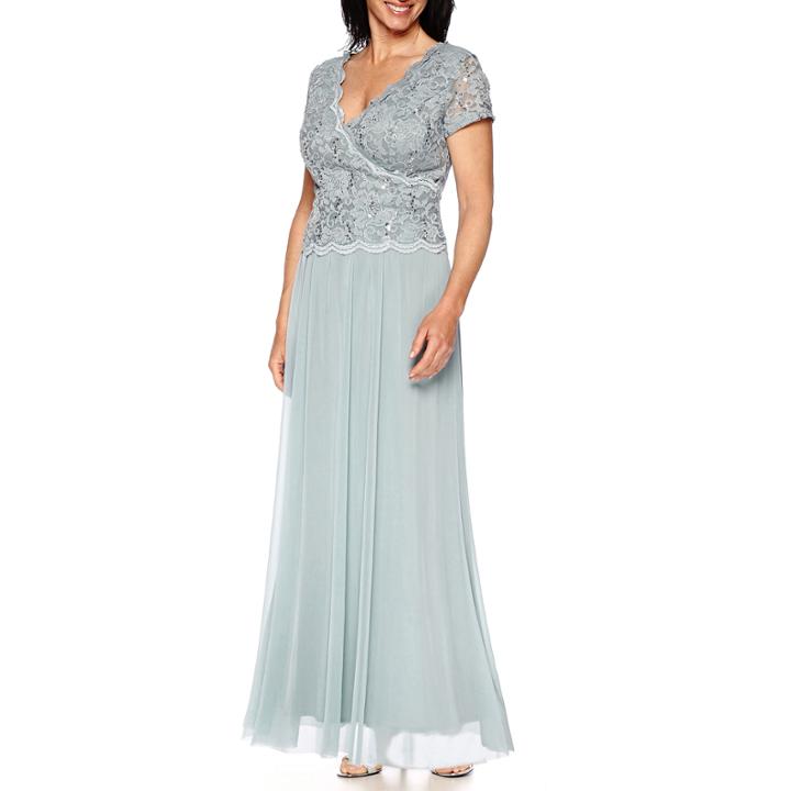 R & M Richards Short-sleeve Chiffon Lace Gown