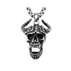 Mens Silver-tone And Black Oxidized Stainless Steel Horn Skull Pendant