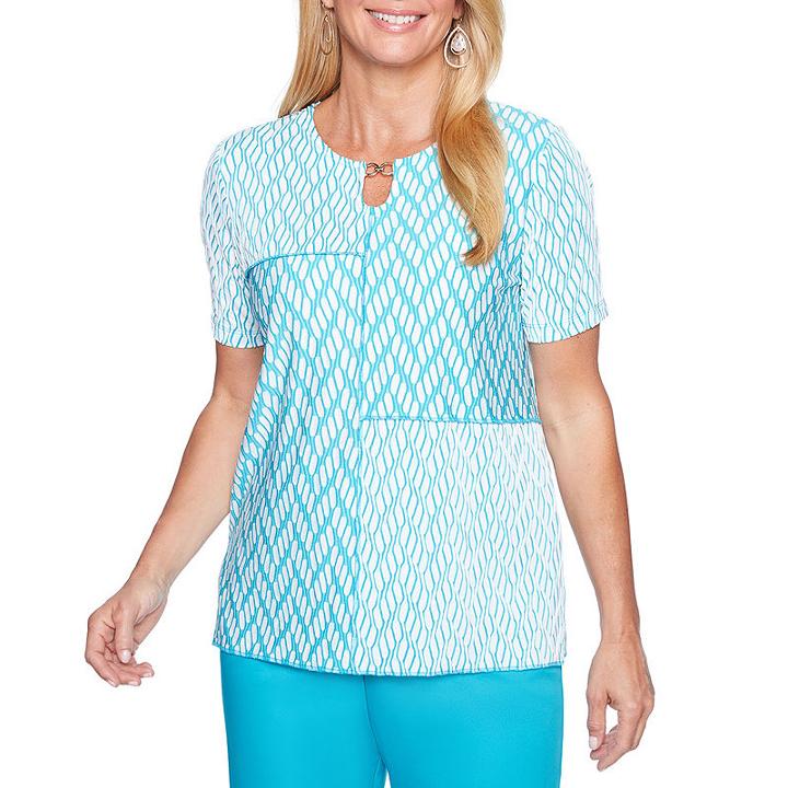 Alfred Dunner Scottsdale Short Sleeve Keyhole Neck Patchwork T-shirt-womens
