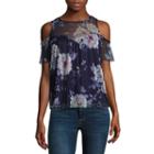 By & By Short Sleeve Scoop Neck Mesh Floral Blouse-juniors