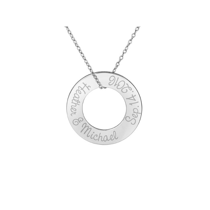 Personalized Sterling Silver 26mm Circle Couple's Name & Date Pendant Necklace