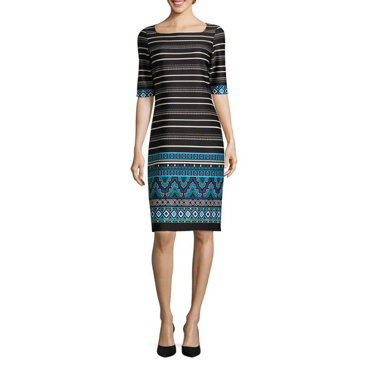 Tiana B. Elbow-sleeve Striped Border-print Sheath Dress