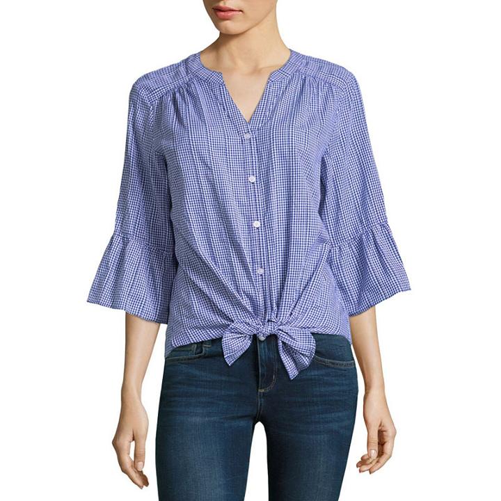 Alyx 3/4 Sleeve V Neck Woven Gingham Blouse