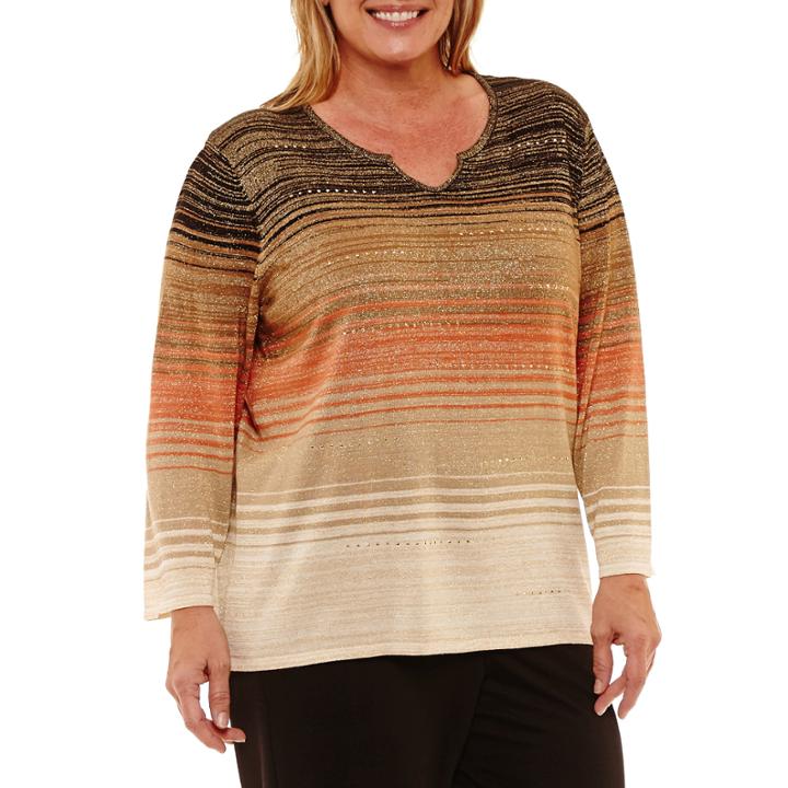 Alfred Dunner Jungle Habitat 3/4 Sleeve Split Crew Neck Ombre Pullover Sweater-plus