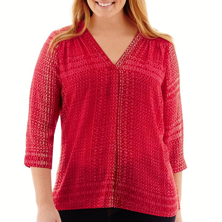 A.n.a 3/4-sleeve Smocked Shoulder V-neck Blouse - Plus