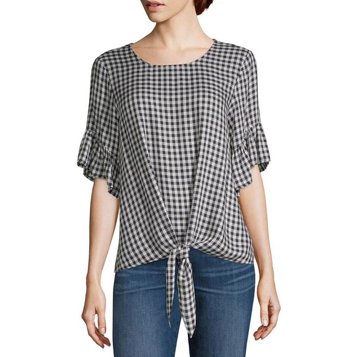 Liz And Co Short Sleeve Scoop Neck Woven Blouse