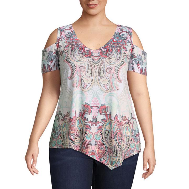 Unity World Wear Short Sleeve Cold Shoulder Tee With Asymmetrical Hem - Plus