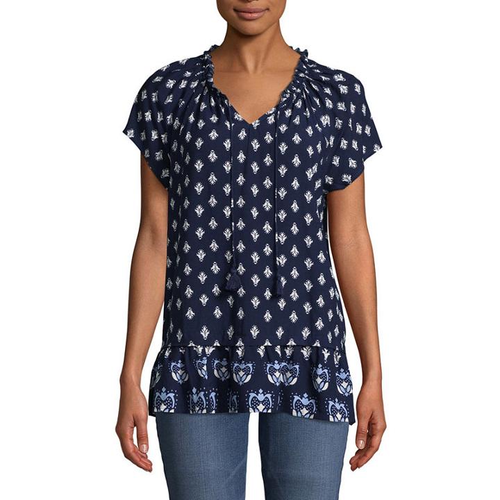St. John's Bay Short Sleeve Round Neck Woven Ruffled Blouse