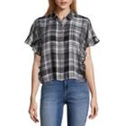 Love More Short Sleeve Ruffled Sleeve Camp Shirt-juniors